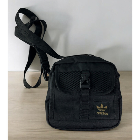 Adidas Large Festival Crossbody Bag Black Gold Trefoil Emblem Adjustable Unisex - Picture 11 of 11